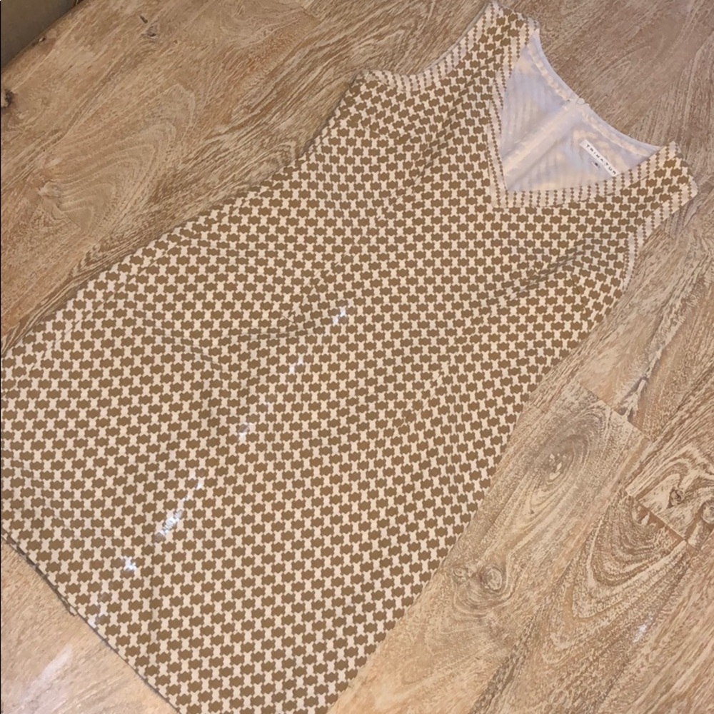 Trina Turk tan white tweed dress sleeveless size 6